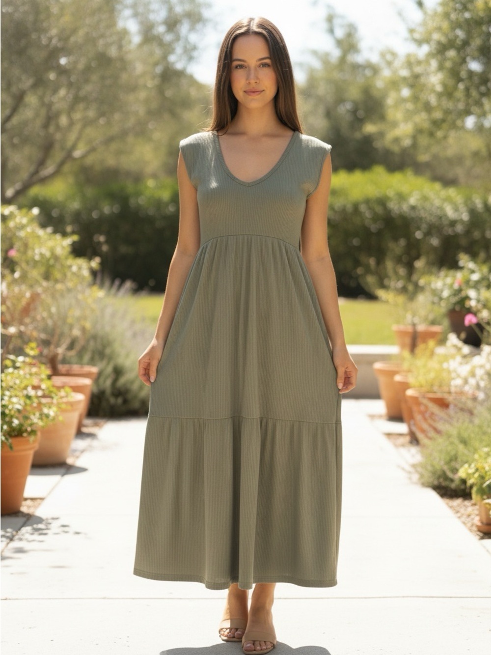 See You Monday Women’s Olive Green V-Neck Tiered Dress XS